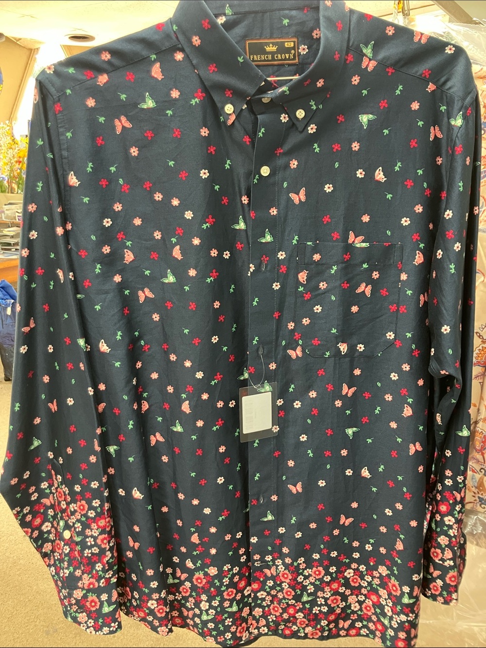 French Crown | Men's Navy Floral & Butterfly Button-Down Shirt